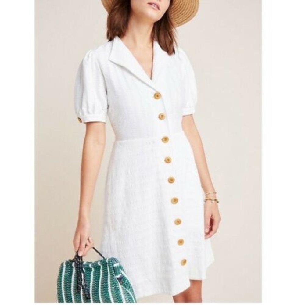 Anthropologie Maeve Collared Button Front Dress Size Large White Puff Sleeves